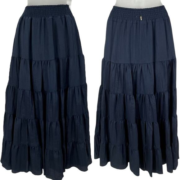MISA LOS ANGELES Tiered Maxi Peasant Skirt Navy Blue Smocked Pull On XS NEW - Picture 5 of 15